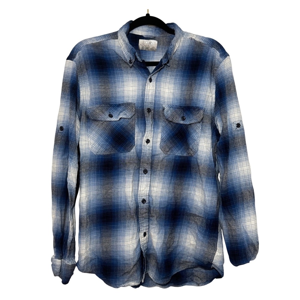 Ocean Coast Men Large Blue White Plaid Flannel Button Down Roll Tab Sleeve Shirt